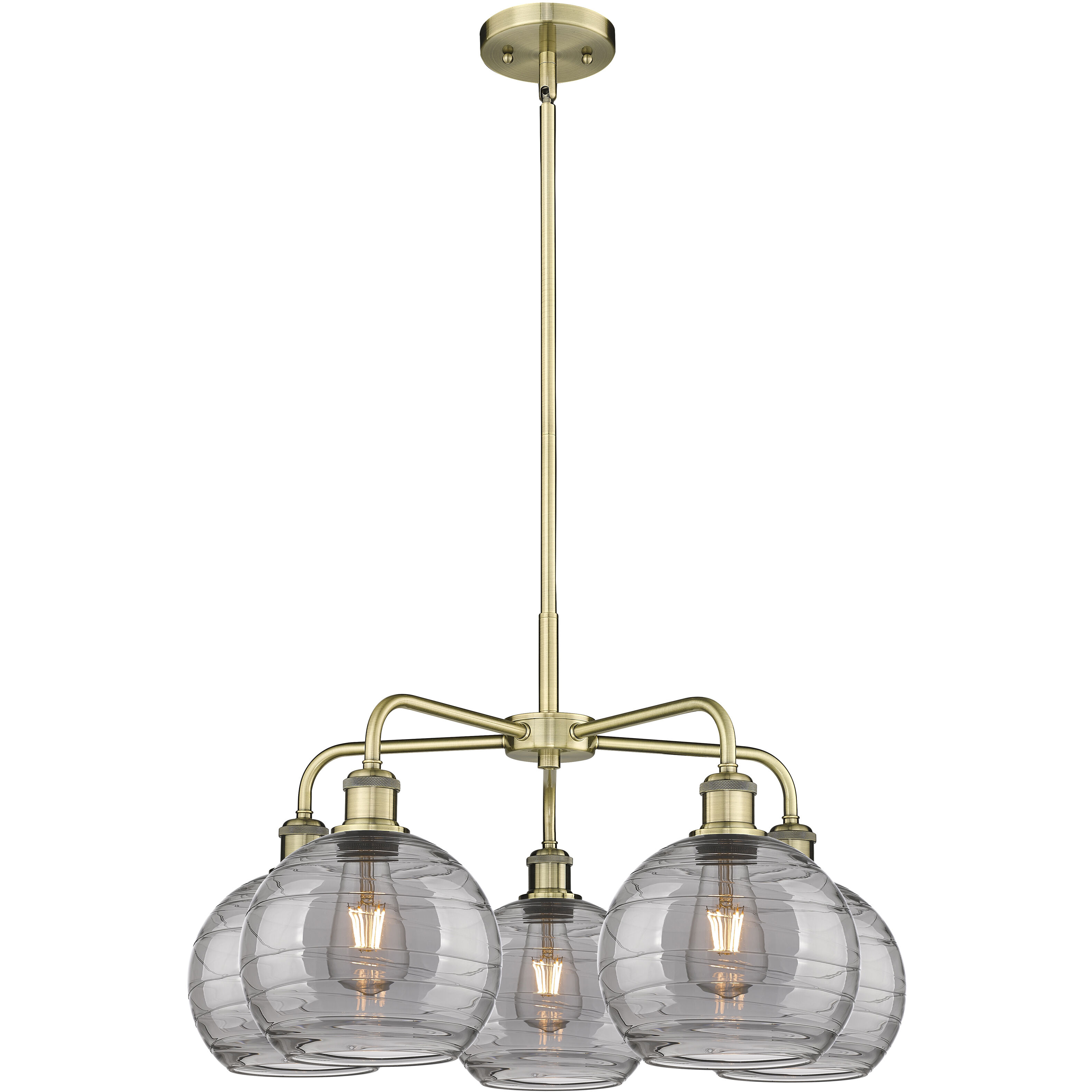 Ballston Athens Deco Swirl 5 Light 26 inch Antique Brass Stem Hung Chandelier Ceiling Light in Light Smoke Deco Swirl Glass