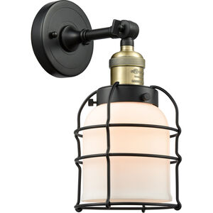 Franklin Restoration Small Bell Cage LED 6 inch Black Antique Brass Sconce Wall Light in Matte White Glass, Franklin Restoration