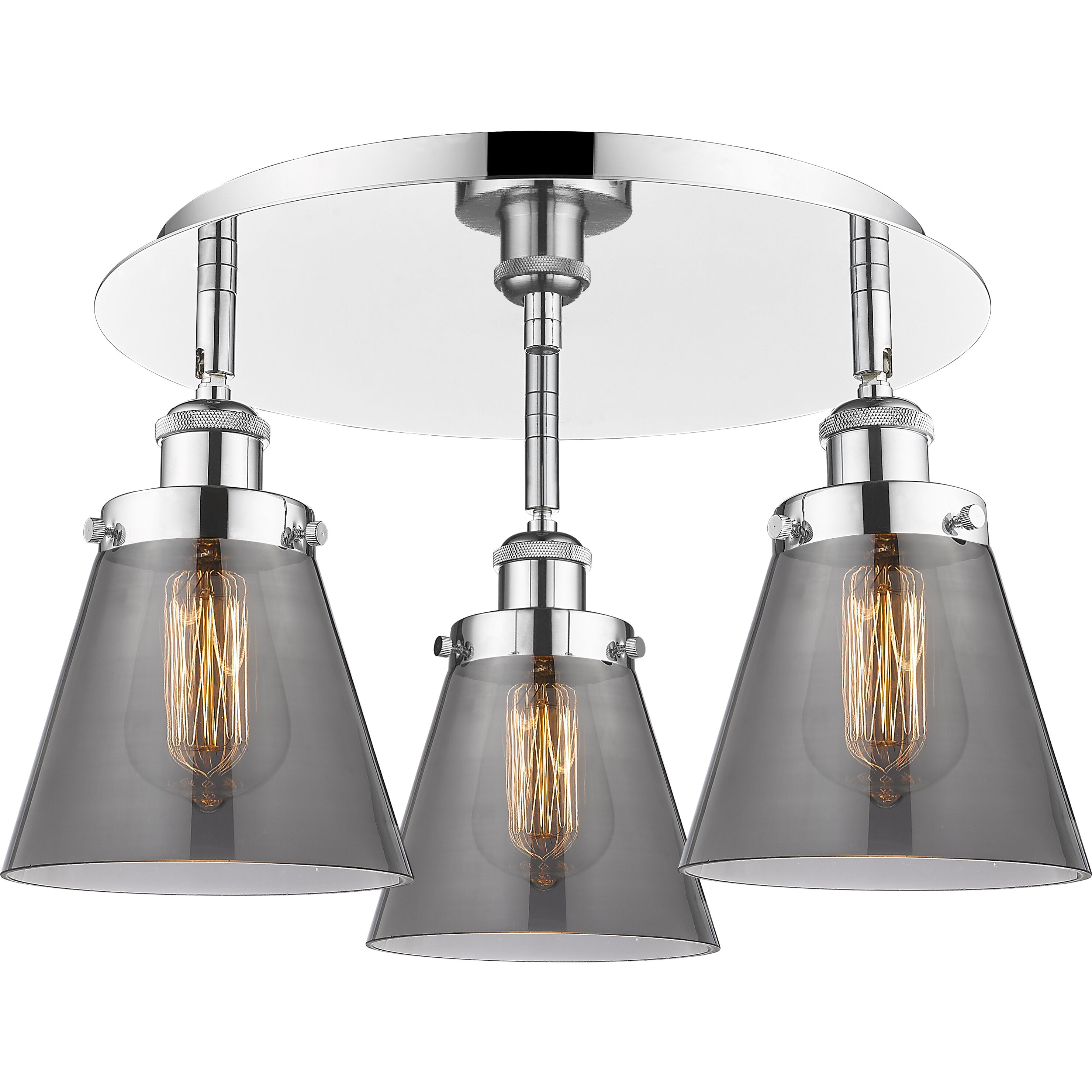 Cone 3 Light 18 inch Polished Chrome Flush Mount Ceiling Light in Plated Smoke