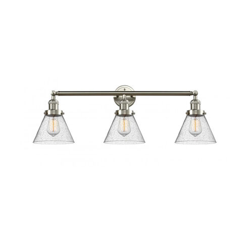 Franklin Restoration Large Cone 3 Light 32 inch Brushed Satin Nickel Bath Vanity Light Wall Light in Seedy Glass, Franklin Restoration