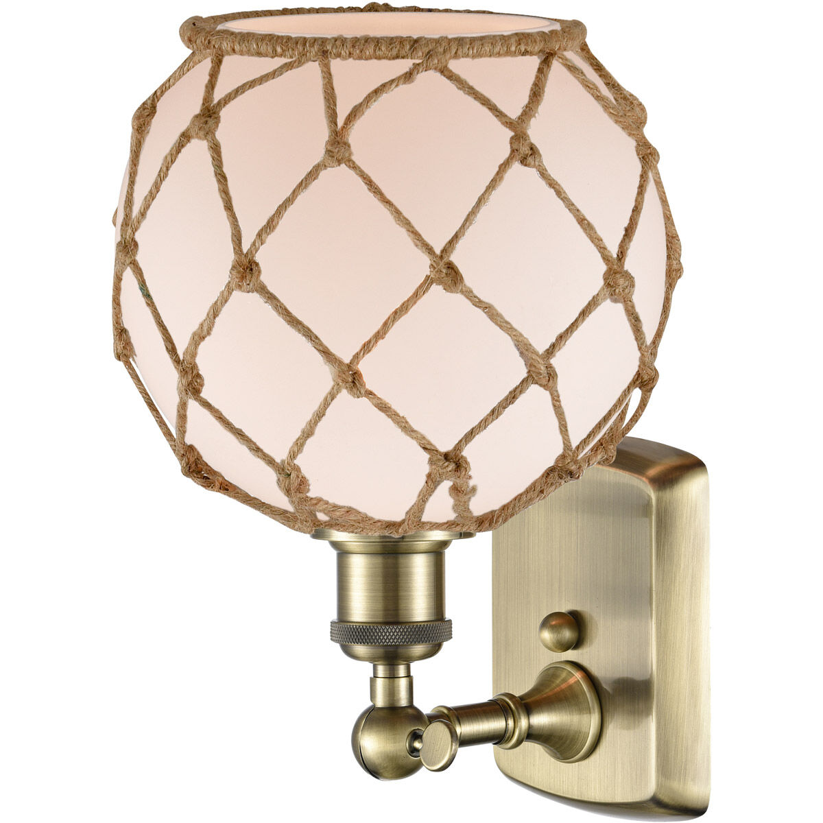 Ballston Farmhouse Rope LED 8 inch Antique Brass Sconce Wall Light in White Glass with Brown Rope, Ballston