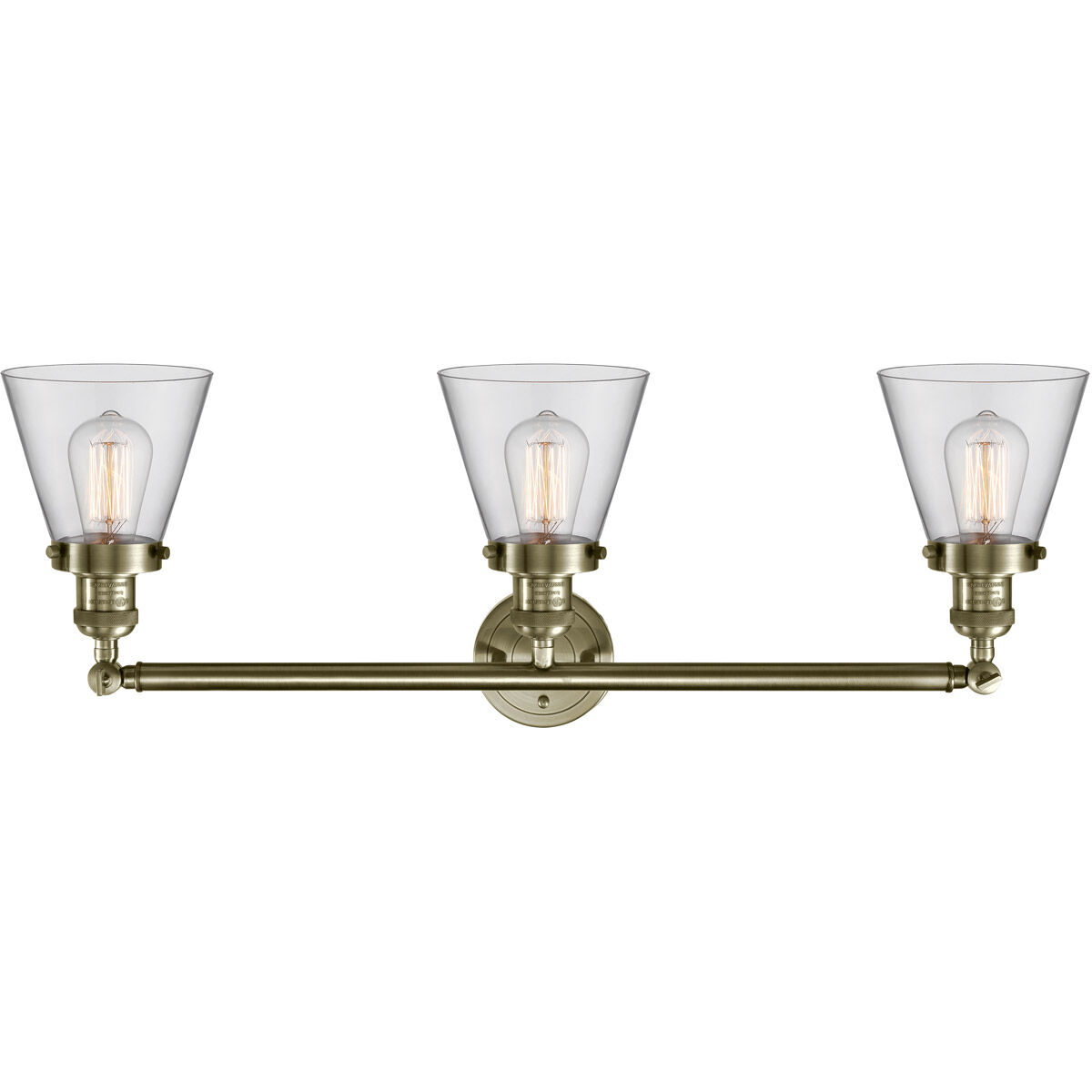 Franklin Restoration Small Cone 3 Light 30 inch Antique Brass Bath Vanity Light Wall Light in Incandescent, Clear Glass, Franklin Restoration
