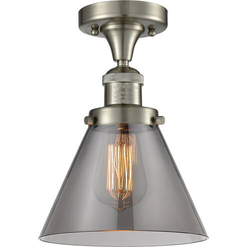 Franklin Restoration Large Cone LED 8 inch Brushed Satin Nickel Semi-Flush Mount Ceiling Light in Plated Smoke Glass, Franklin Restoration