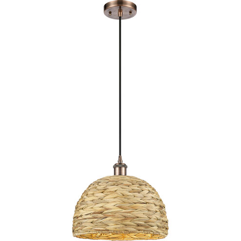 Woven Rattan 1 Light 12 inch Antique Copper Pendant Ceiling Light