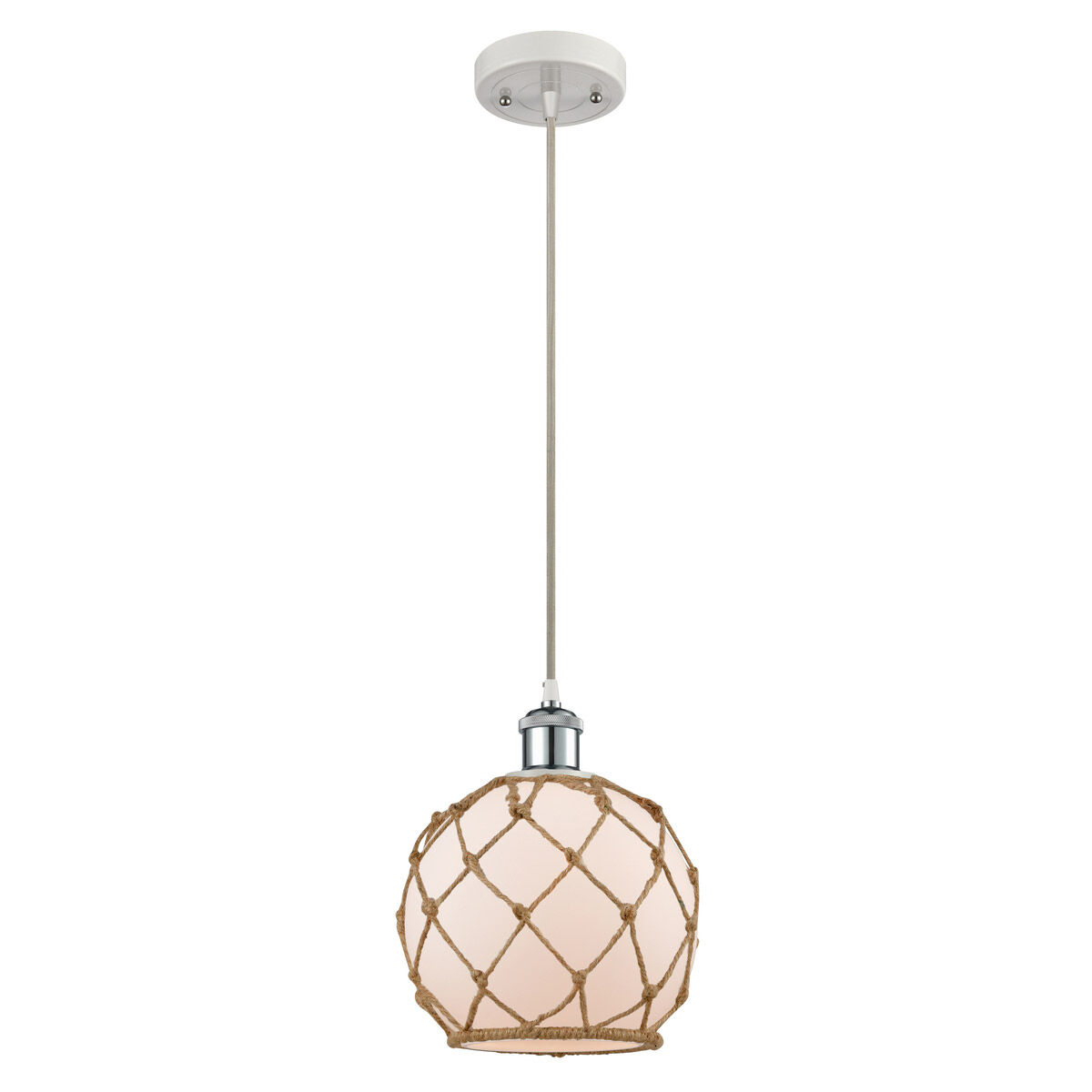 Ballston Farmhouse Rope 1 Light 8 inch White and Polished Chrome Mini Pendant Ceiling Light in White Glass with Brown Rope, Ballston