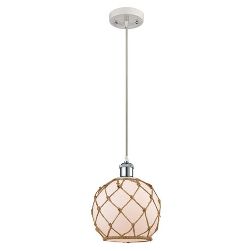 Ballston Farmhouse Rope 1 Light 8 inch White and Polished Chrome Mini Pendant Ceiling Light in White Glass with Brown Rope, Ballston