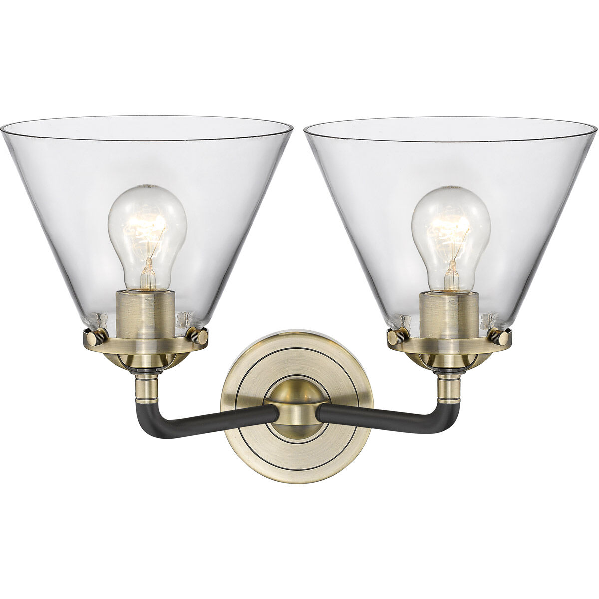 Nouveau Large Cone 2 Light 16 inch Black Antique Brass Bath Vanity Light Wall Light in Clear Glass, Nouveau