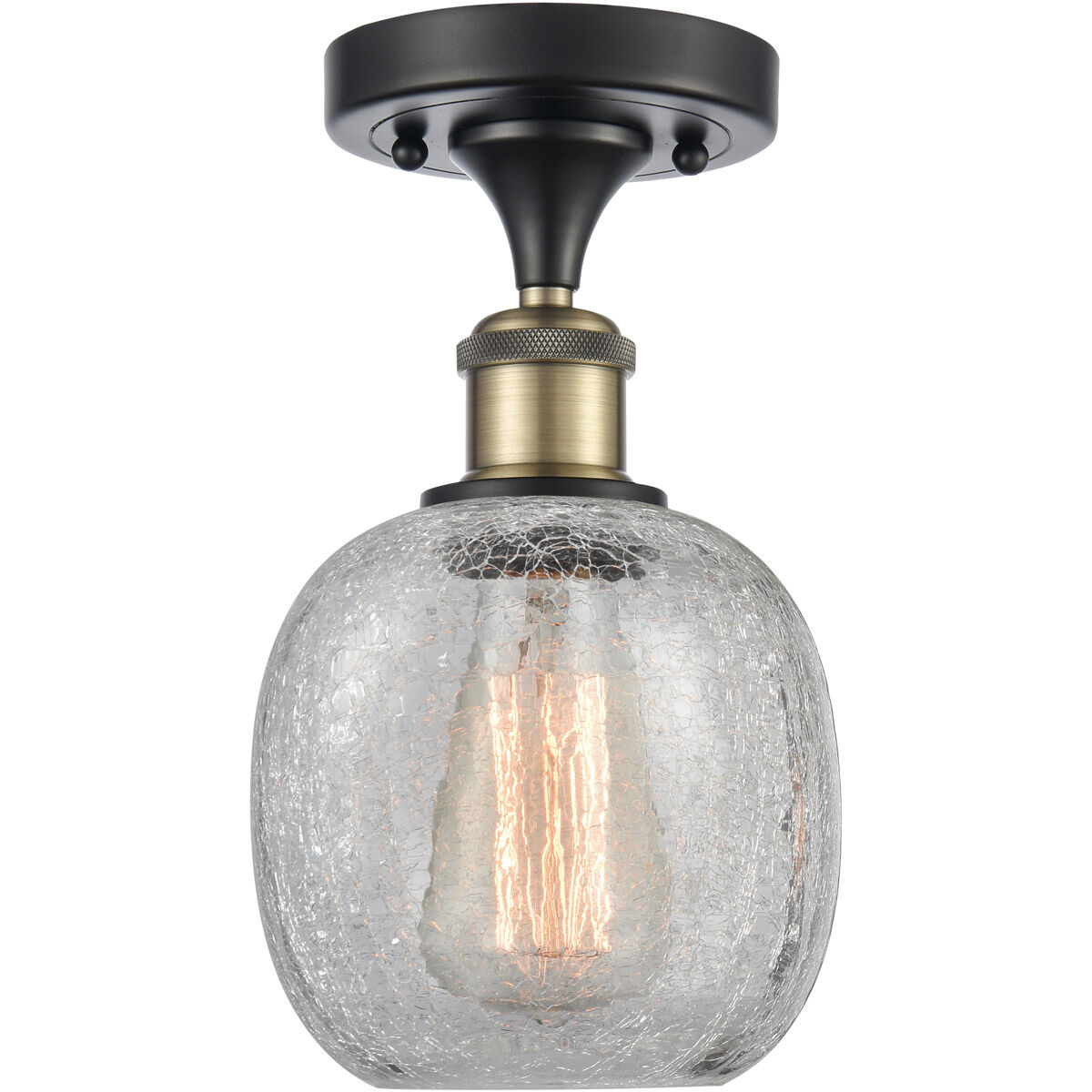 Ballston Belfast LED 6 inch Black Antique Brass Semi-Flush Mount Ceiling Light in Clear Crackle Glass, Ballston