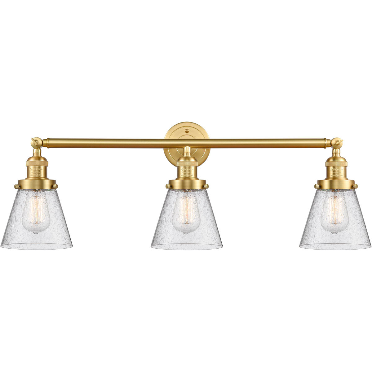 Franklin Restoration Small Cone LED 30 inch Satin Gold Bath Vanity Light Wall Light in Seedy Glass, Franklin Restoration