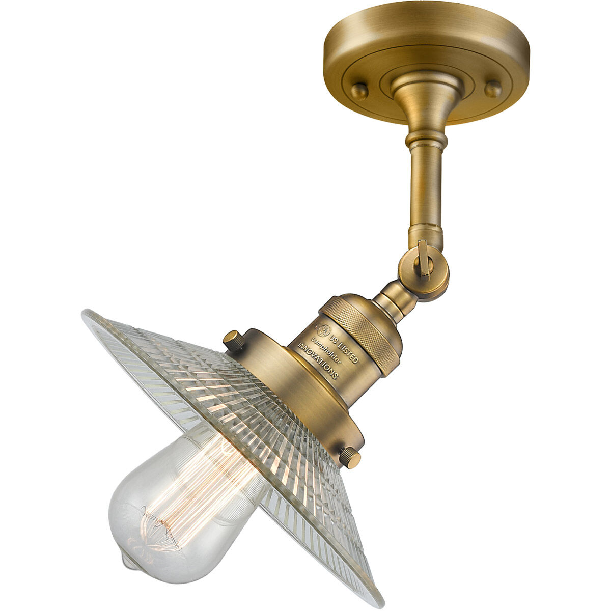 Franklin Restoration Halophane LED 9 inch Brushed Brass Semi-Flush Mount Ceiling Light in Clear Halophane Glass, Franklin Restoration