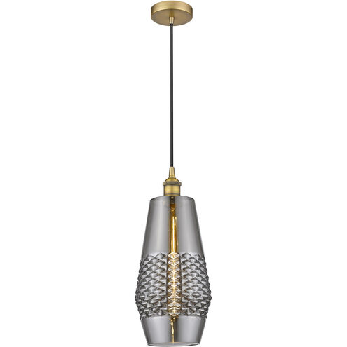 Edison Windham LED 7 inch Brushed Brass Mini Pendant Ceiling Light in Plated Smoke Glass