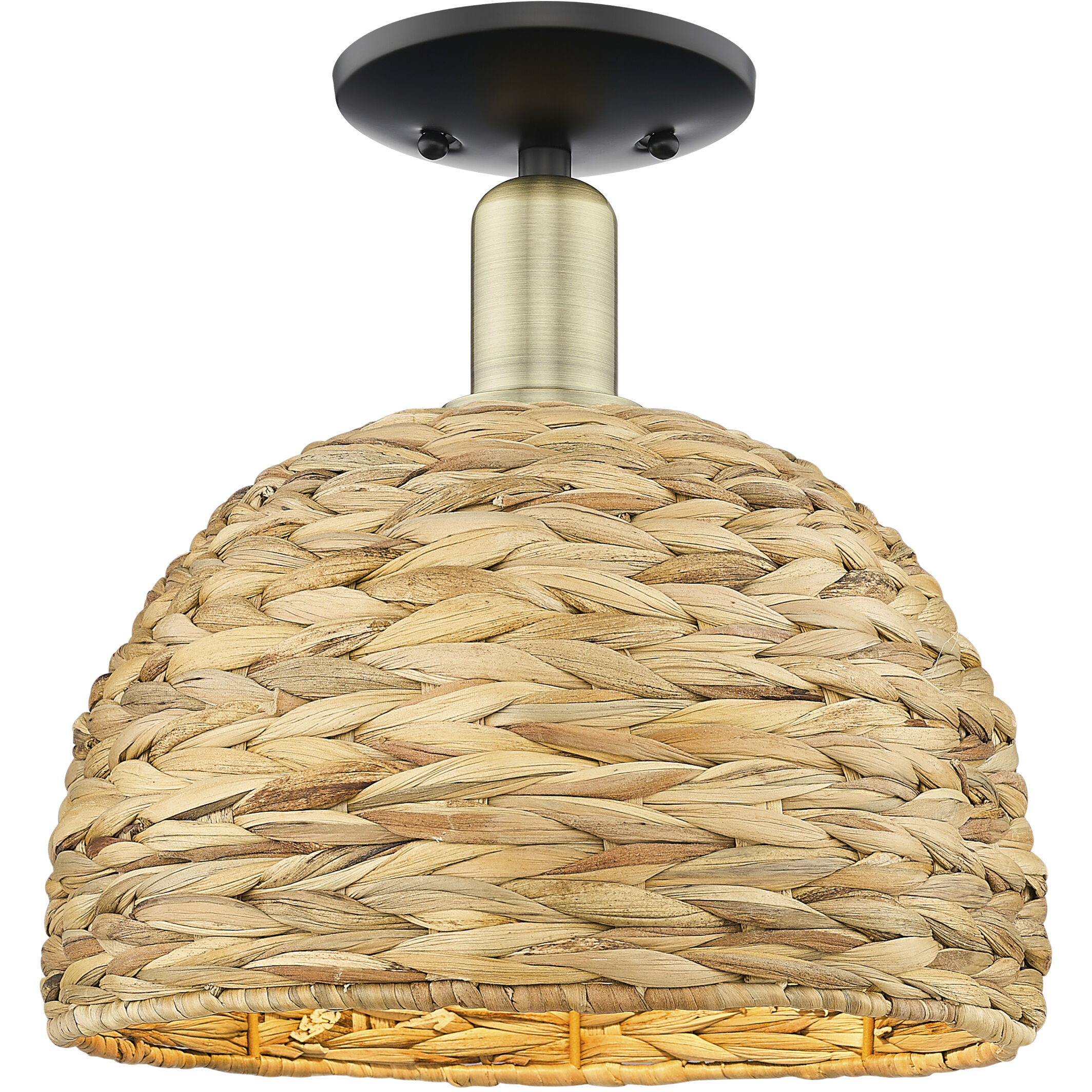 Arcadia Woven Rattan 1 Light 12 inch Black Antique Brass Semi-Flush Mount Ceiling Light