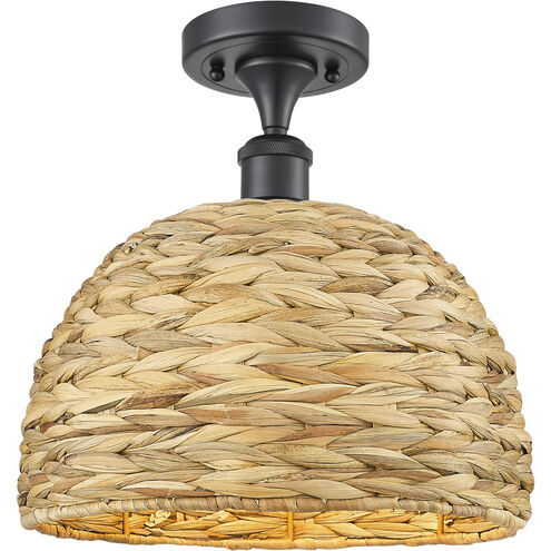 Woven Rattan 1 Light 12 inch Matte Black and Natural Semi-Flush Mount Ceiling Light