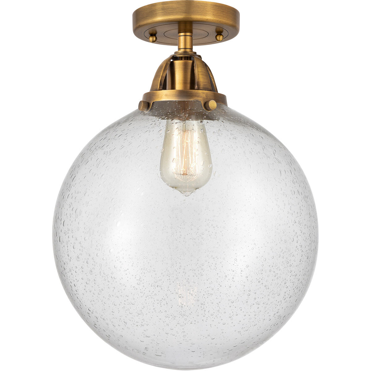 Nouveau 2 Beacon 1 Light 12 inch Brushed Brass Semi-Flush Mount Ceiling Light in Seedy Glass
