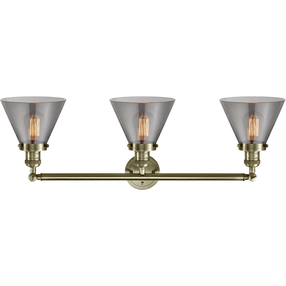 Franklin Restoration Large Cone 3 Light 32 inch Antique Brass Bath Vanity Light Wall Light in Incandescent, Plated Smoke Glass, Franklin Restoration