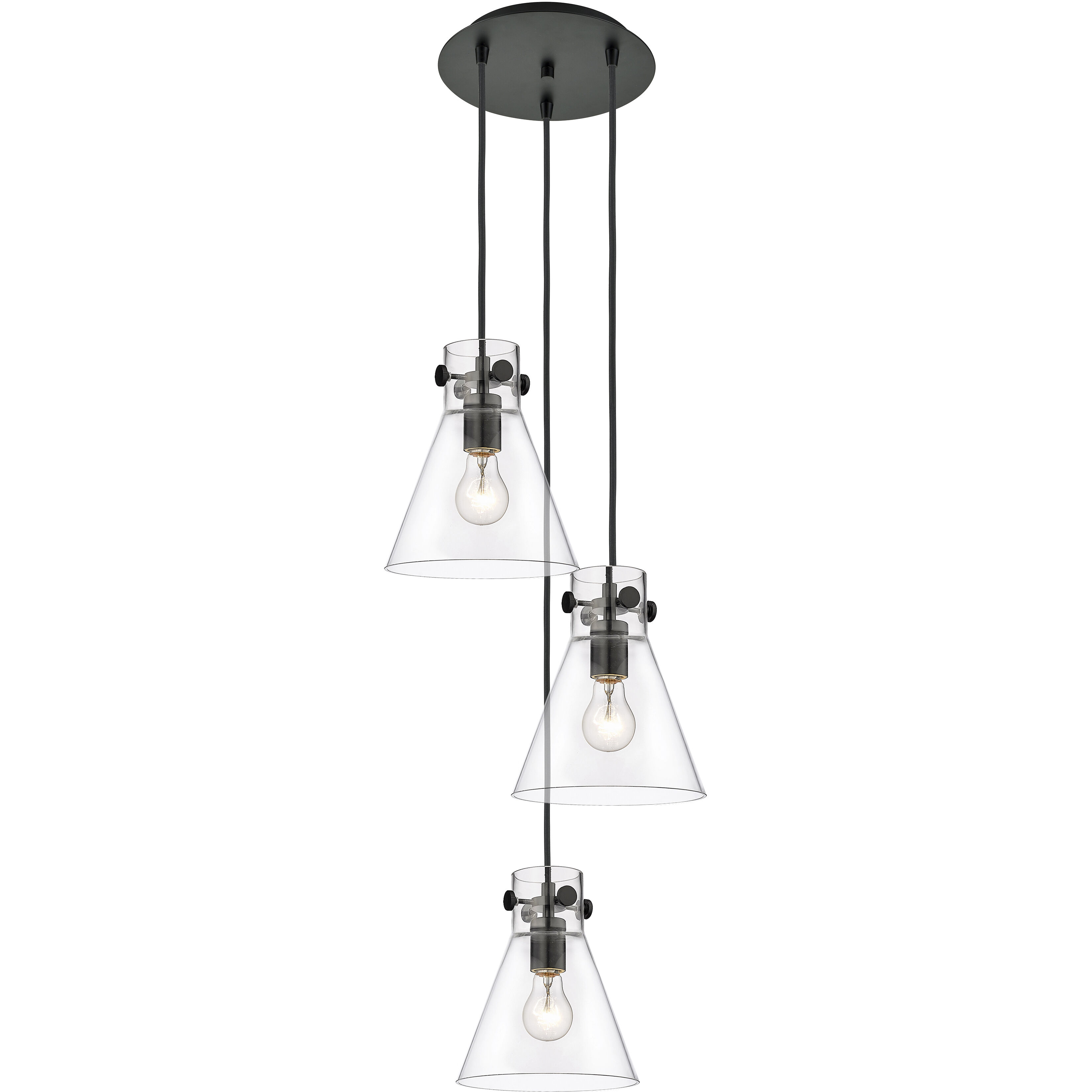 Newton Cone 3 Light 15.5 inch Matte Black Multi Pendant Ceiling Light in Clear Glass