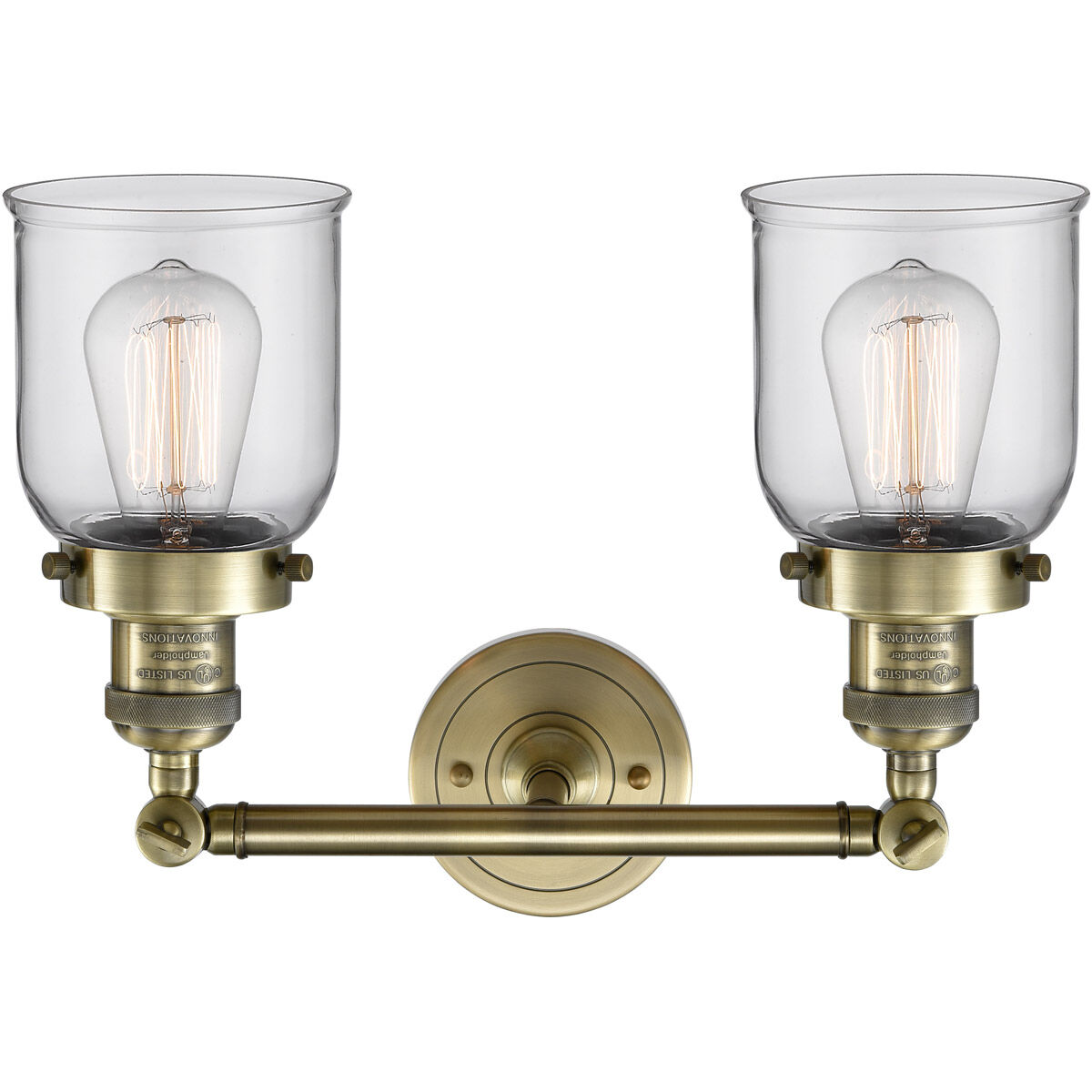 Franklin Restoration Small Bell 2 Light 16 inch Antique Brass Bath Vanity Light Wall Light in Incandescent, Clear Glass, Franklin Restoration