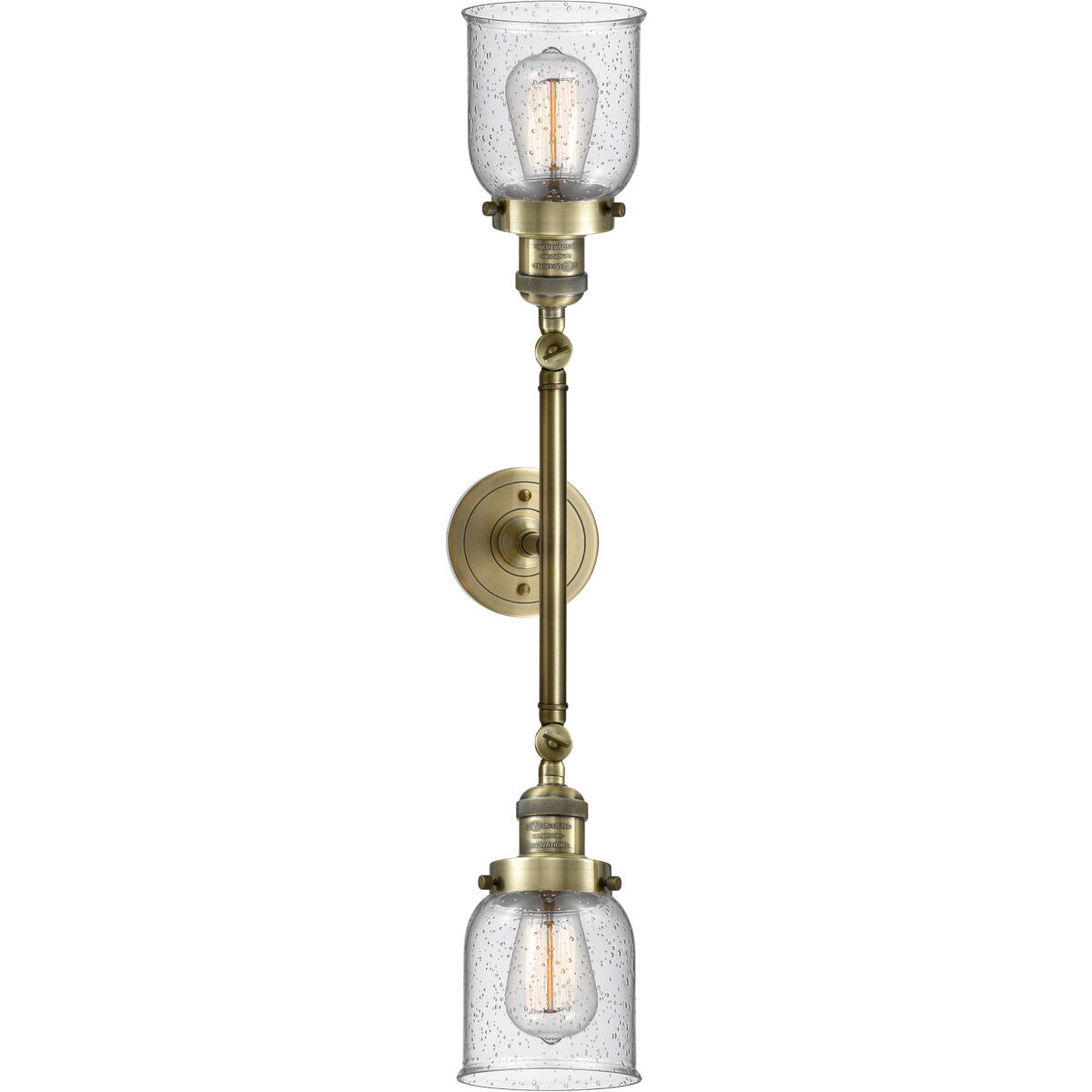 Franklin Restoration Small Bell 2 Light 16 inch Antique Brass Bath Vanity Light Wall Light in Incandescent, Seedy Glass, Franklin Restoration