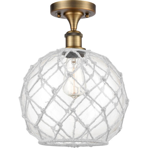 Ballston Large Farmhouse Rope LED 10 inch Brushed Brass Semi-Flush Mount Ceiling Light in Clear Glass with White Rope, Ballston