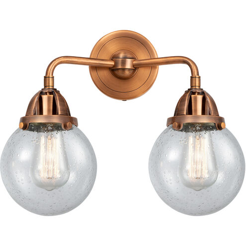 Nouveau 2 Beacon 2 Light 14 inch Antique Copper Bath Vanity Light Wall Light in Seedy Glass