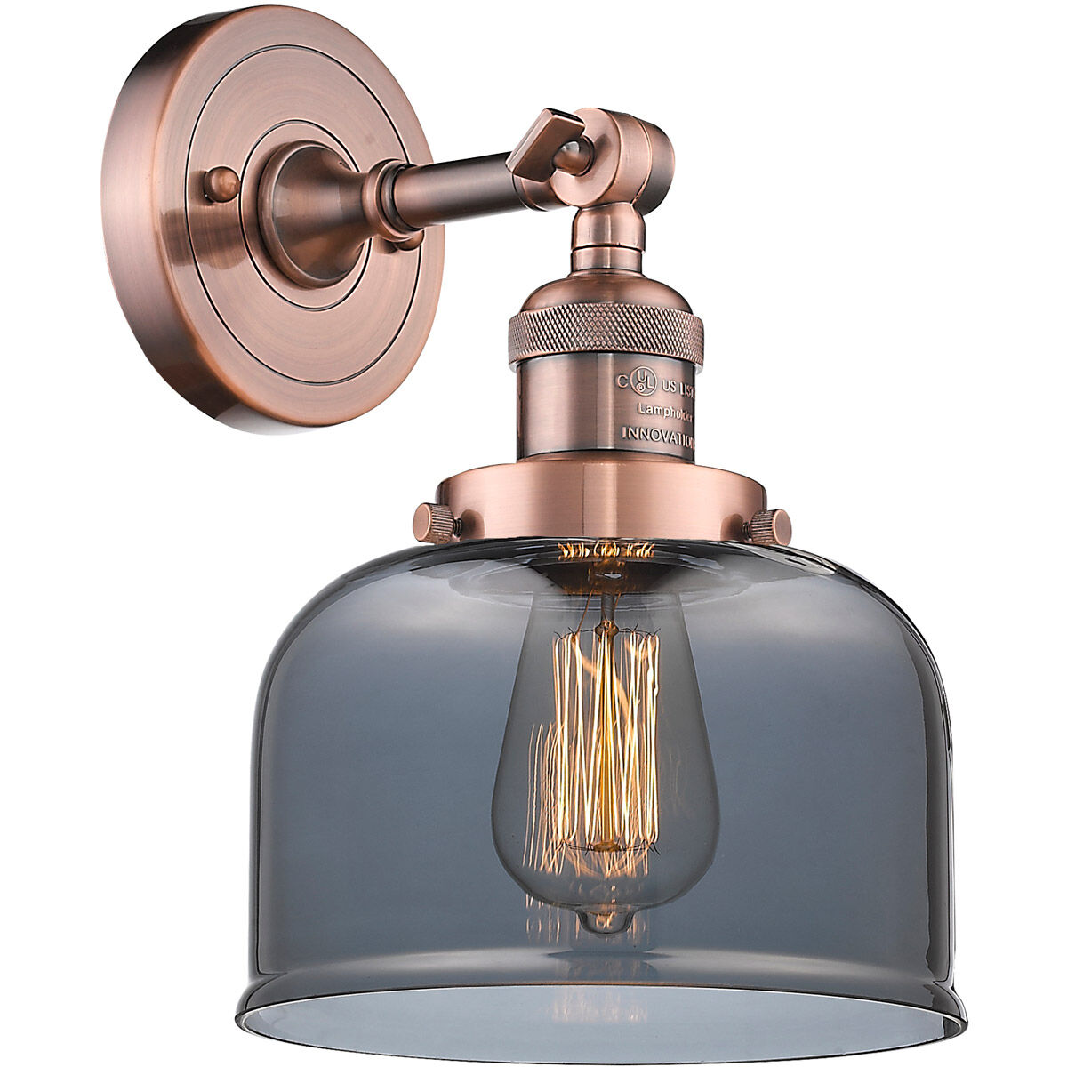 Franklin Restoration Large Bell LED 8 inch Antique Copper Semi-Flush Mount Ceiling Light in Plated Smoke Glass, Franklin Restoration