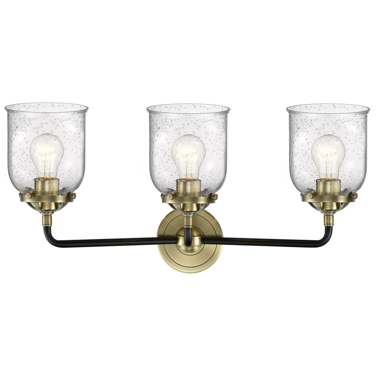 Nouveau Small Bell 3 Light 23 inch Black Antique Brass Bath Vanity Light Wall Light in Seedy Glass, Nouveau