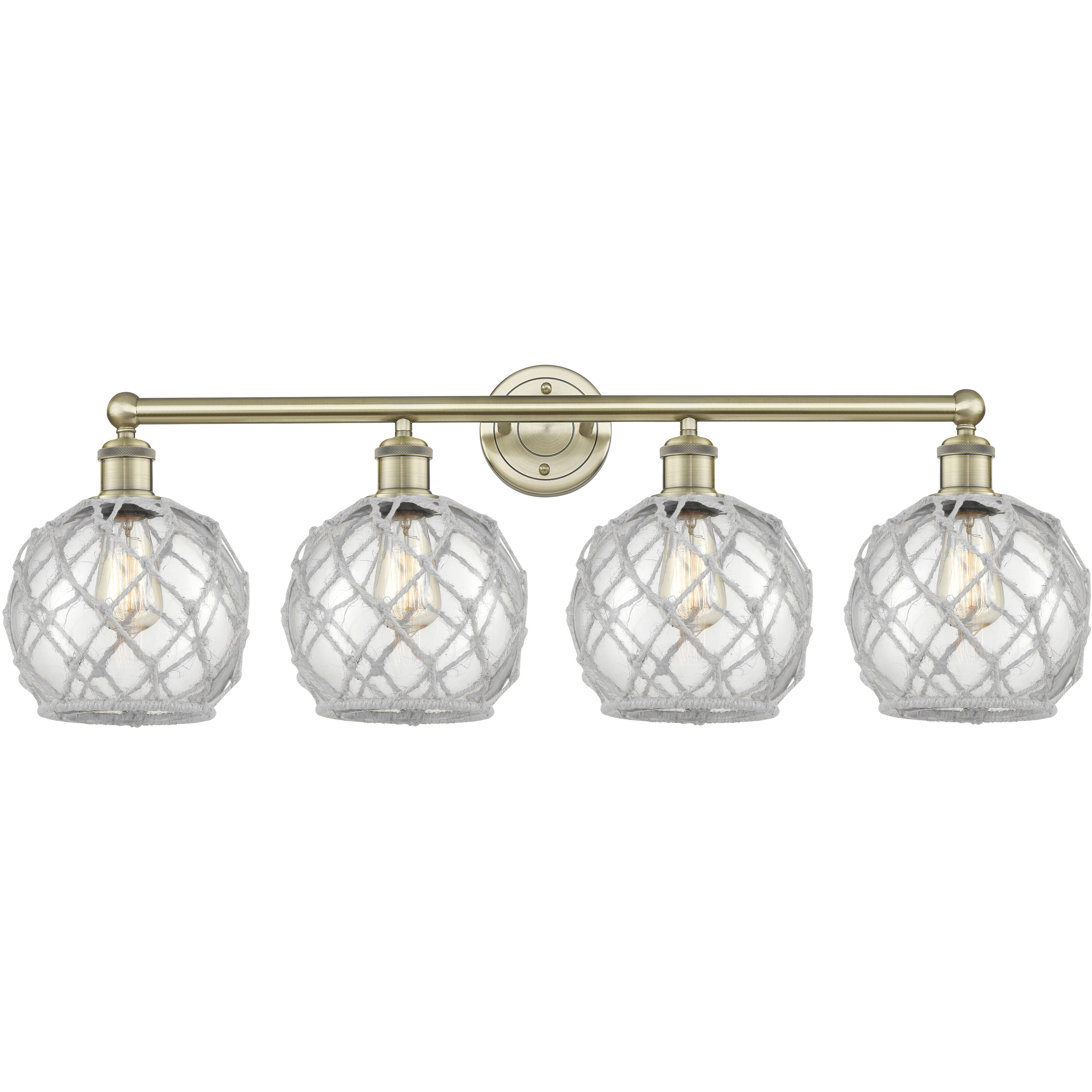 Edison Farmhouse Rope 4 Light 35 inch Antique Brass Bath Vanity Light Wall Light in Clear Glass with White Rope