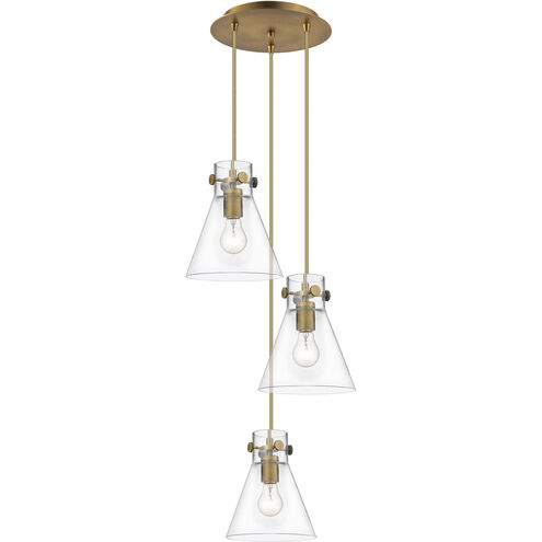 Newton Cone 3 Light 15.5 inch Brushed Brass Multi Pendant Ceiling Light in Clear Glass