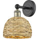 Edison Woven Rattan Armed Sconce Wall Light in Black Antique Brass