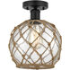 Edison Farmhouse Rope 1 Light 8 inch Matte Black Semi-Flush Mount Ceiling Light in Clear Glass with Brown Rope