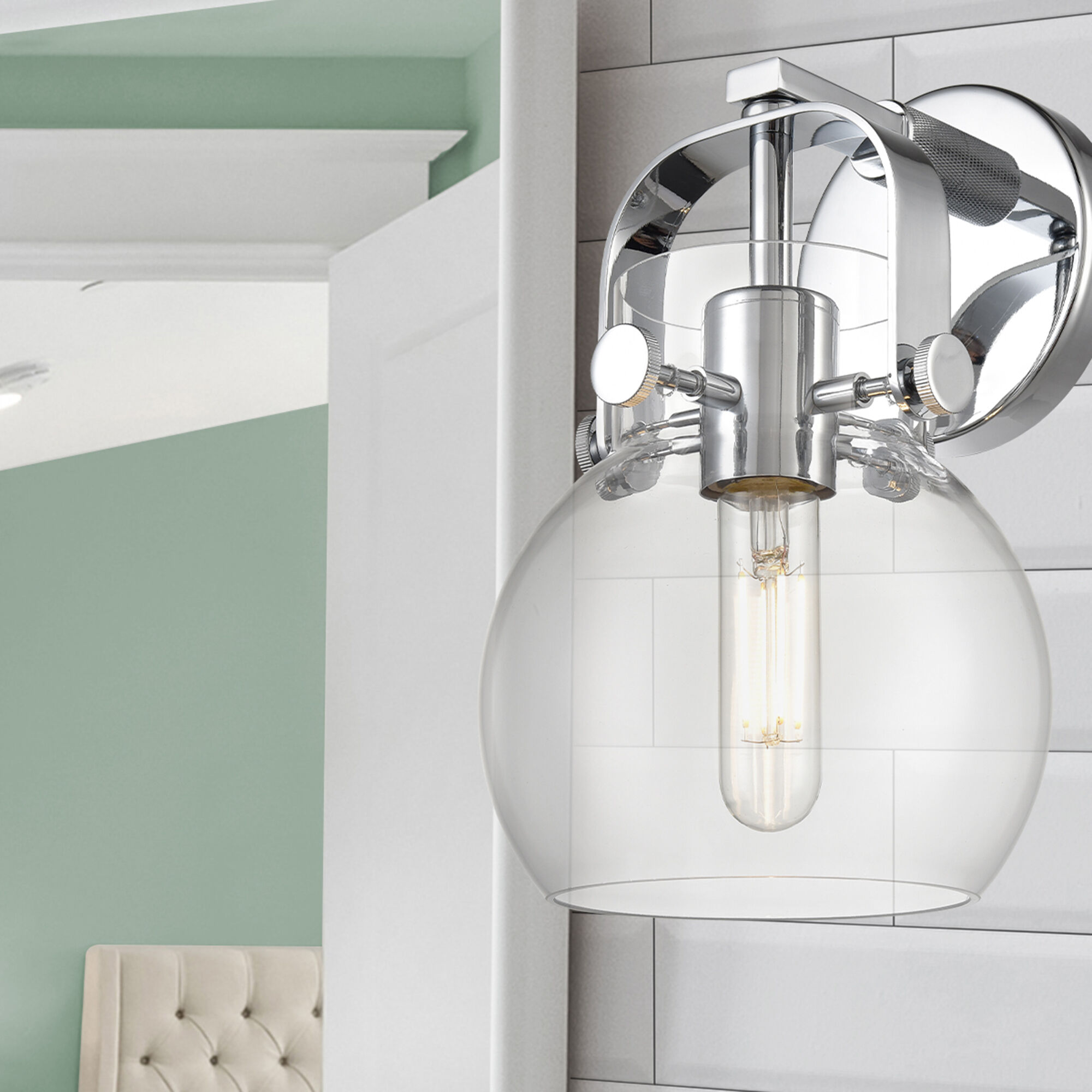 Pilaster II Sphere Sconce Wall Light in Polished Chrome, Clear Glass