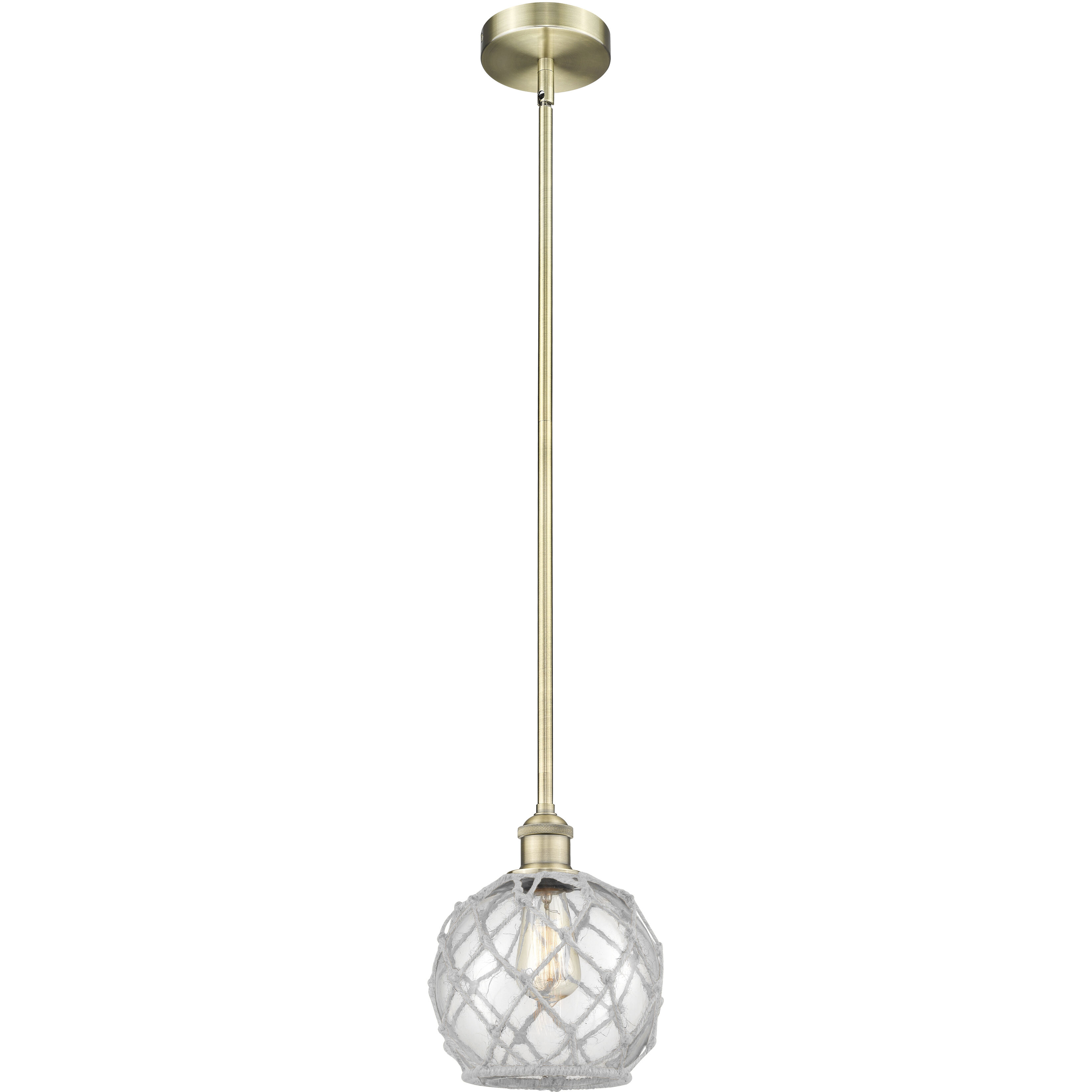 Edison Farmhouse Rope 1 Light 8 inch Antique Brass Mini Pendant Ceiling Light in Clear Glass with White Rope