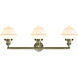 Franklin Restoration Small Oxford 3 Light 34 inch Antique Brass Bath Vanity Light Wall Light in Incandescent, Matte White Glass, Franklin Restoration