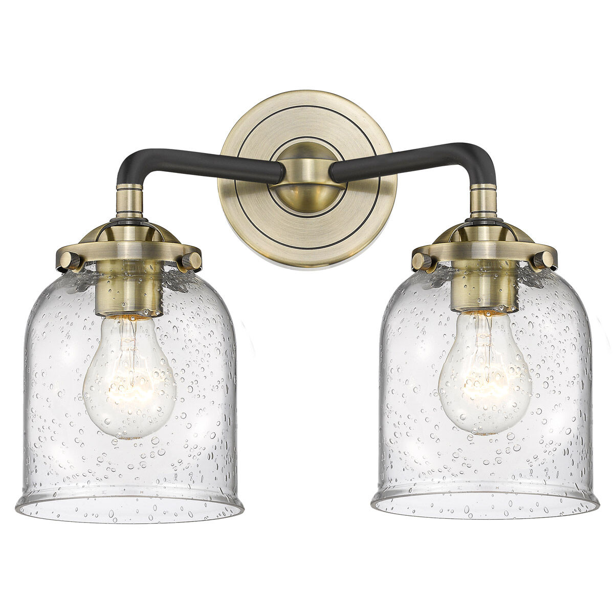 Nouveau Small Bell LED 13 inch Black Antique Brass Bath Vanity Light Wall Light in Seedy Glass, Nouveau