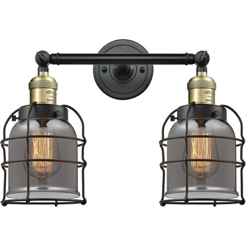 Franklin Restoration Small Bell Cage 2 Light 16 inch Black Antique Brass Bath Vanity Light Wall Light in Plated Smoke Glass, Franklin Restoration