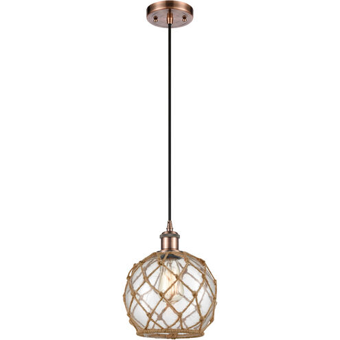 Ballston Farmhouse Rope 1 Light 8 inch Antique Copper Mini Pendant Ceiling Light in Clear Glass with Brown Rope, Ballston