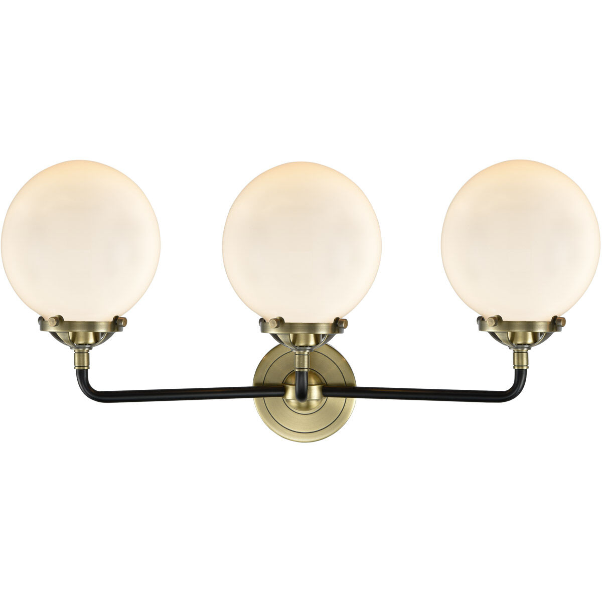 Nouveau Beacon 3 Light 24 inch Black Antique Brass Bath Vanity Light Wall Light in Matte White Glass, Nouveau