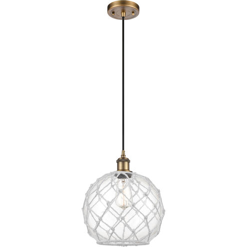 Ballston Large Farmhouse Rope 1 Light 10 inch Brushed Brass Mini Pendant Ceiling Light in Clear Glass with White Rope, Ballston