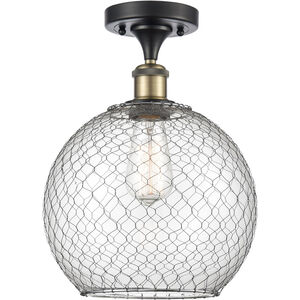 Ballston Large Farmhouse Chicken Wire LED 10 inch Black Antique Brass Semi-Flush Mount Ceiling Light in Clear Glass with Nickel Wire, Ballston