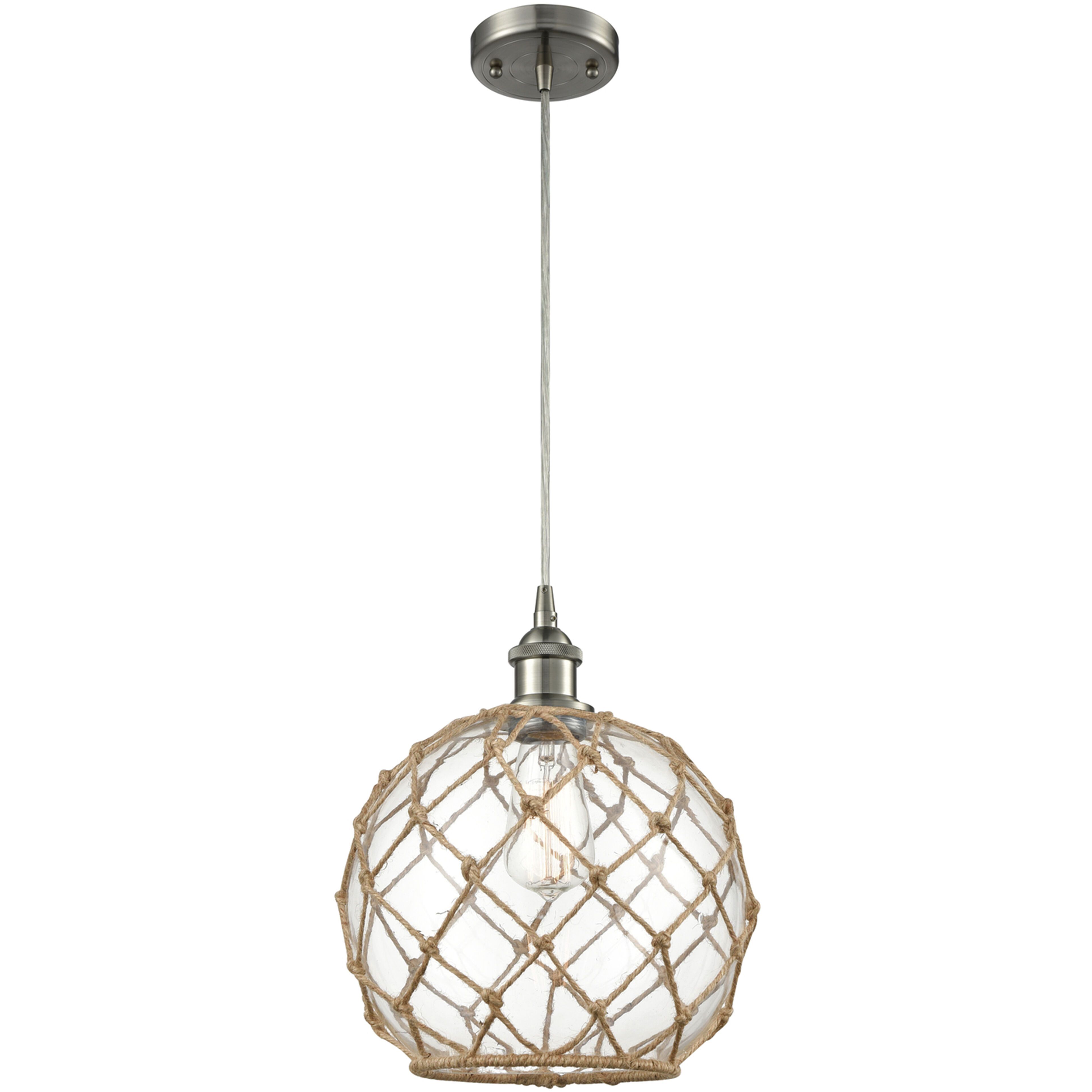 Ballston Farmhouse Rope LED 10 inch Brushed Satin Nickel Mini Pendant Ceiling Light in Clear Glass with Brown Rope, Ballston