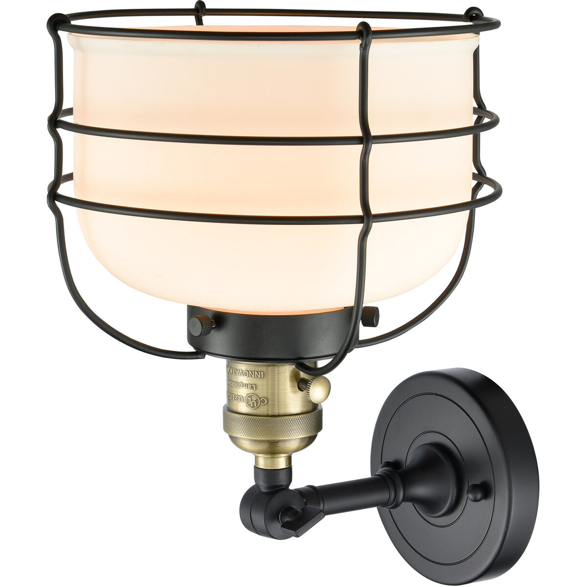 Franklin Restoration Large Bell Cage 1 Light 9 inch Black Antique Brass Sconce Wall Light in Matte White Glass, Franklin Restoration