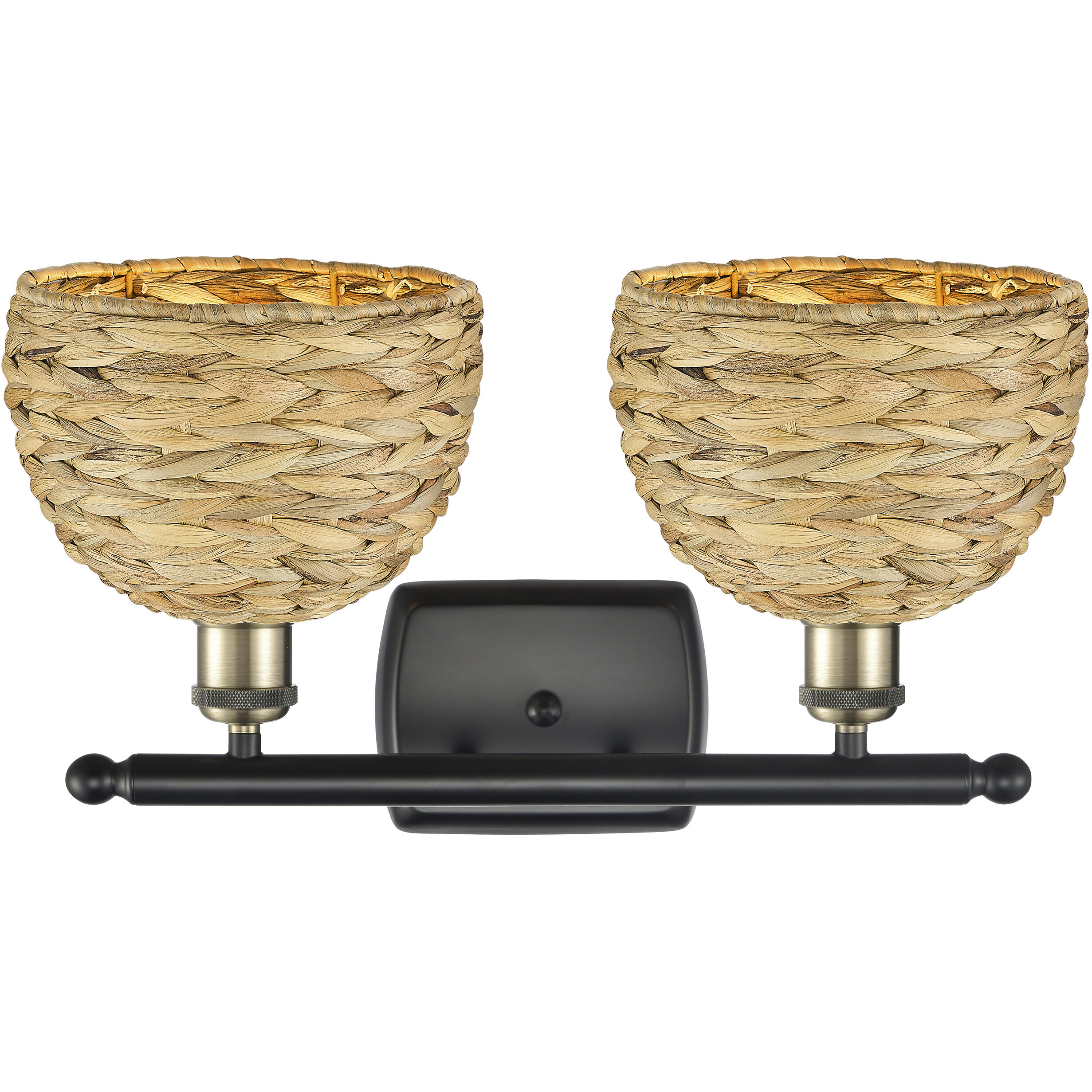 Woven Rattan 2 Light 18 inch Black Antique Brass Bath Vanity Light Wall Light
