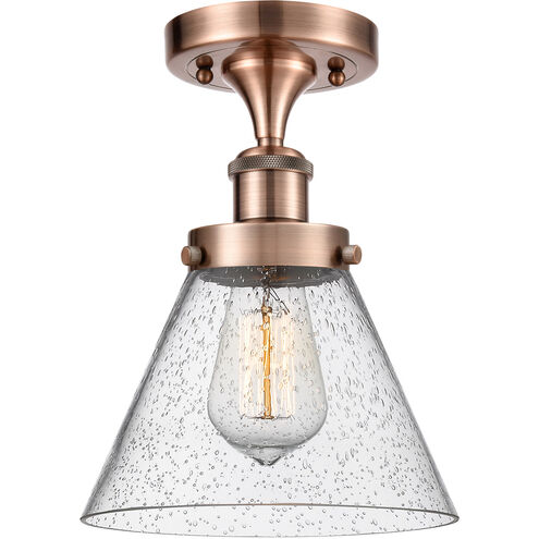 Ballston Large Cone LED 8 inch Antique Copper Semi-Flush Mount Ceiling Light in Seedy Glass