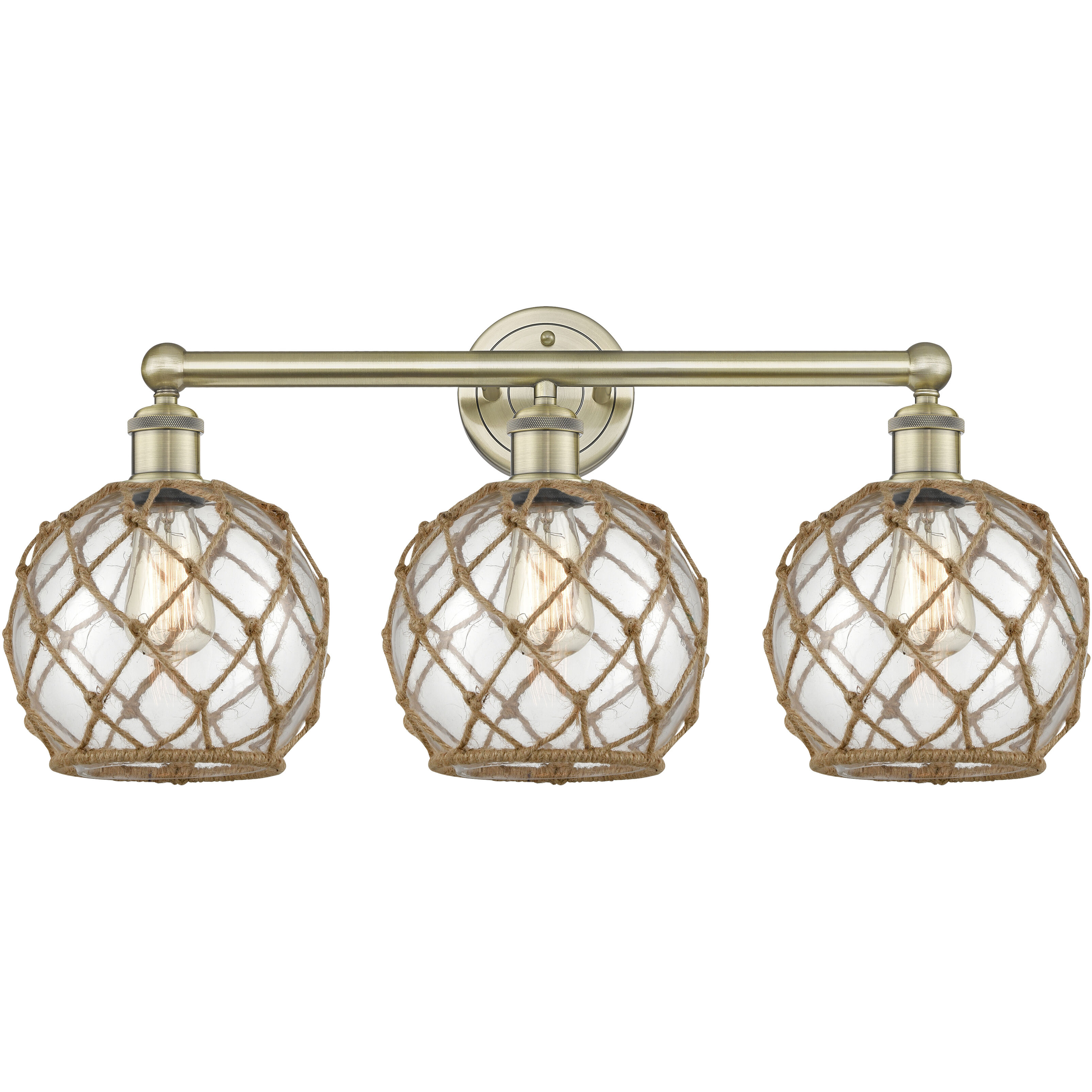 Edison Farmhouse Rope 3 Light 26 inch Antique Brass Bath Vanity Light Wall Light in Clear Glass with Brown Rope