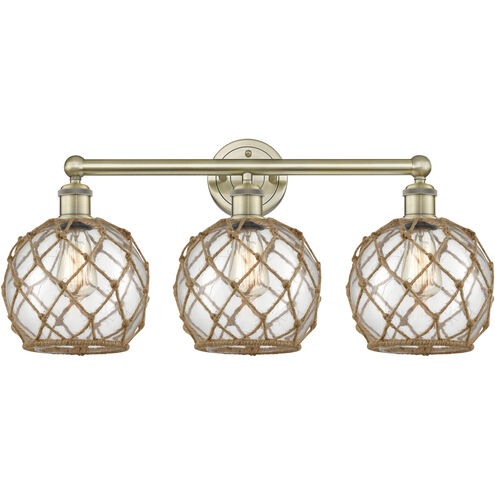 Edison Farmhouse Rope 3 Light 26 inch Antique Brass Bath Vanity Light Wall Light in Clear Glass with Brown Rope