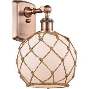 Ballston Farmhouse Rope 1 Light 8 inch Antique Copper Sconce Wall Light in White Glass with Brown Rope, Ballston