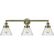 Franklin Restoration Large Cone 3 Light 32 inch Antique Brass Bath Vanity Light Wall Light in Incandescent, Seedy Glass, Franklin Restoration