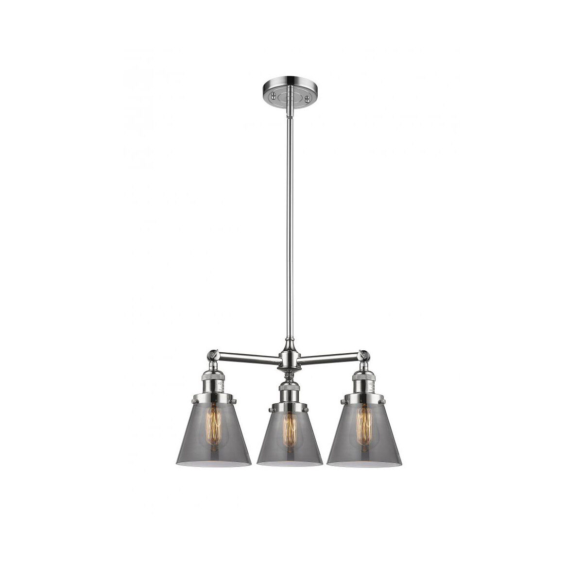 Franklin Restoration Small Cone 3 Light 19 inch Polished Chrome Chandelier Ceiling Light in Plated Smoke Glass, Franklin Restoration