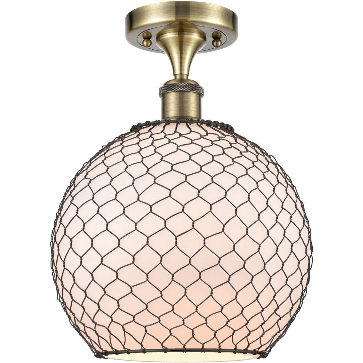Ballston Large Farmhouse Chicken Wire 1 Light 10 inch Antique Brass Semi-Flush Mount Ceiling Light, Ballston