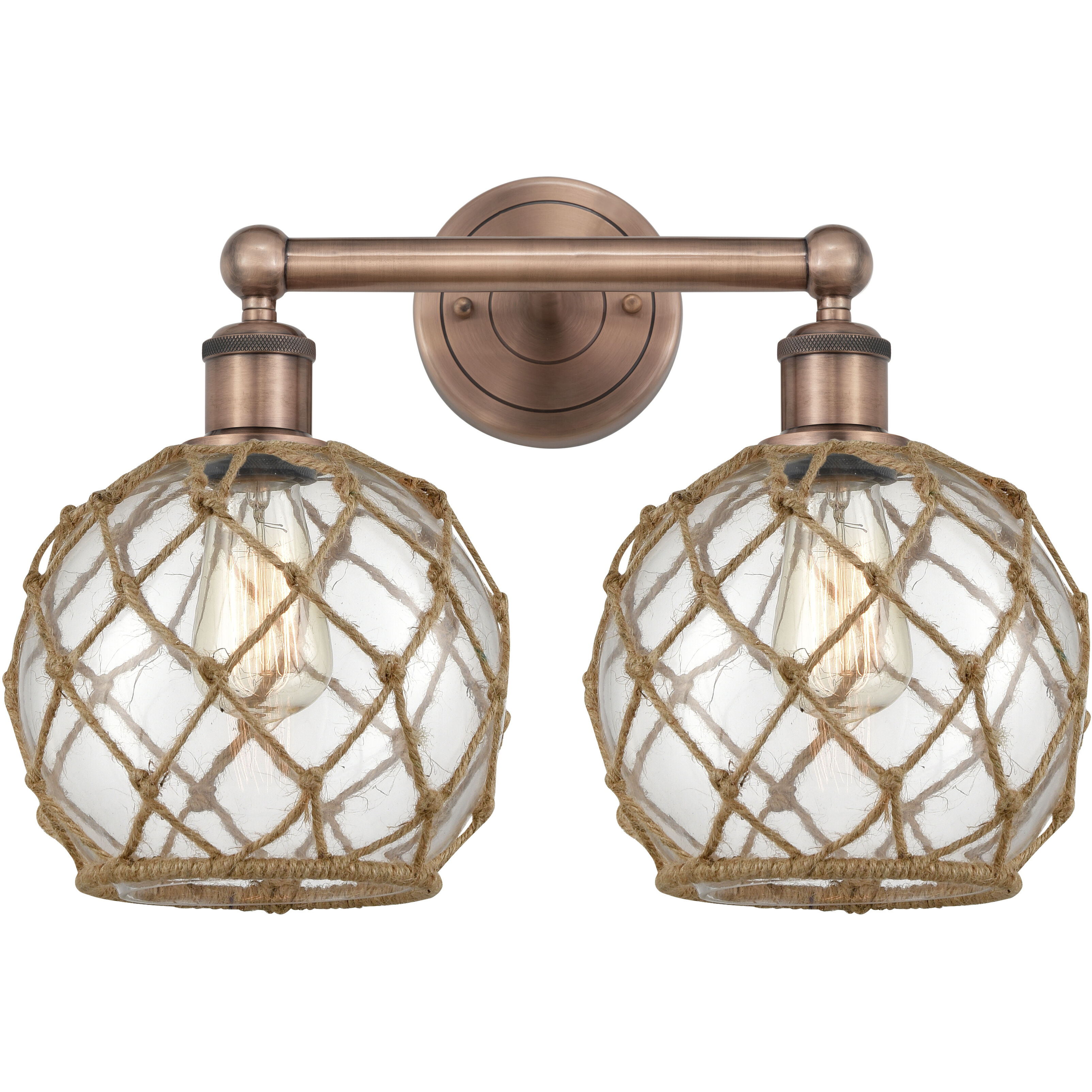 Edison Farmhouse Rope 2 Light 17 inch Antique Copper Bath Vanity Light Wall Light in Clear Glass with Brown Rope